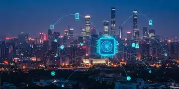 2025年中国智能传感器市场，科技感十足的城市夜景与微型传感器芯片。