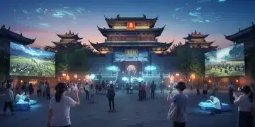 2025中国文旅融合新路径:沉浸式体验的经济与社会影响 2025年中国文化旅游融合的未来景象,传统与现代科技交织,游客沉浸在独特的文化体验中。