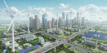 2025年中国能源政策下的未来城市景观，展现绿色能源与高科技的融合