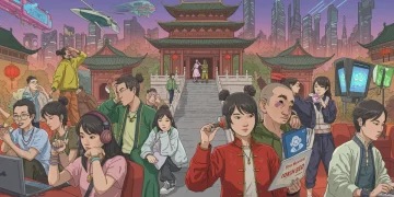 描绘2025年中国青年文化热点的插画，融合传统与现代元素。