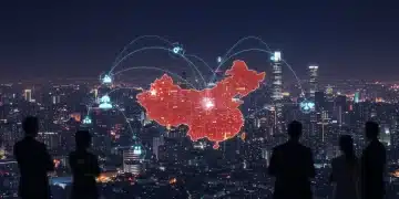 描绘2025年全球数字经济新格局的未来城市景观，突出中国企业在全球机遇中的核心地位。