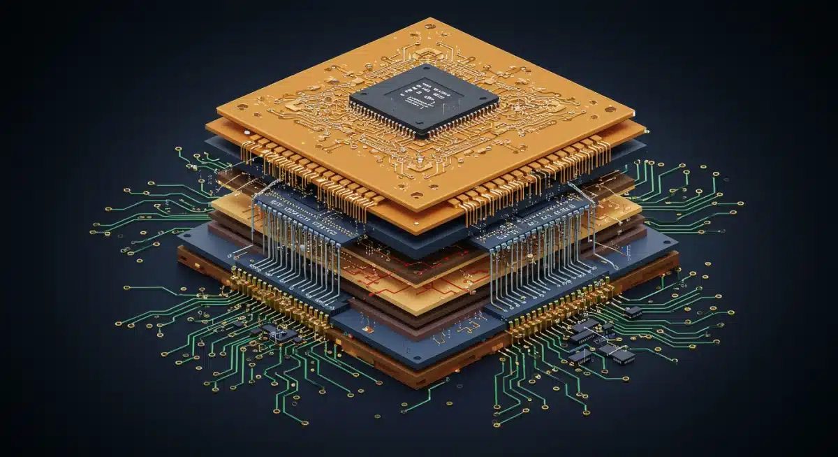 一张详细的3D堆叠芯片架构图，展示了通过先进封装技术互连的多层硅片。