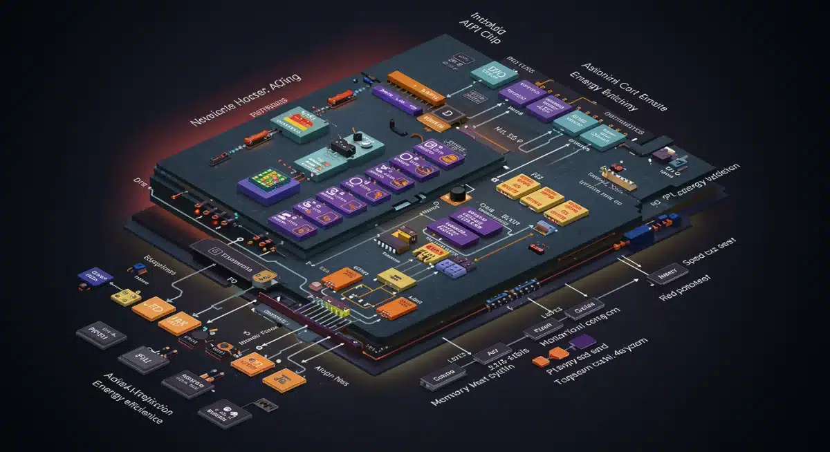 复杂AI芯片架构图，展示处理单元、存储模块和数据路径。