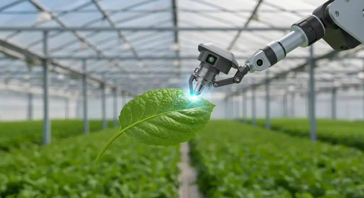 AI机械臂正在分析植物叶片，实时监测作物健康状况和病虫害。