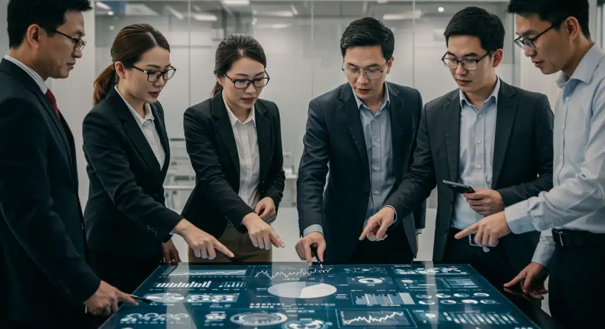 一群亚洲商业专业人士围绕数字屏幕讨论全球市场与供应链策略