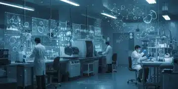 科学家在先进生物技术实验室中研究基因序列和细胞，展示医疗领域的未来创新。