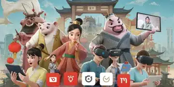 描绘中国动漫产业未来发展的数字插画，包括传统与现代元素融合、VR技术和年轻观众。