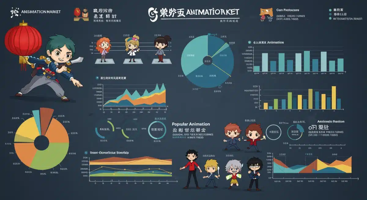 展示中国动漫市场关键统计数据和未来趋势的信息图表，包括用户构成、营收预测及技术应用。