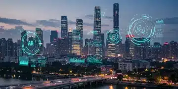 描绘中国未来城市中人们使用增强现实（AR）设备进行互动，城市上空浮现数据和信息叠加的景象。