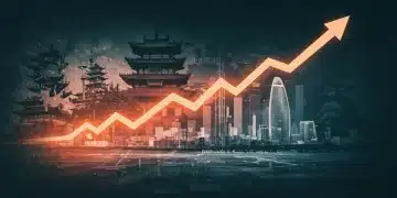 描绘中国经济增长与科技进步的抽象未来主义图像，背景是动态上升的图表，象征着进步与创新。