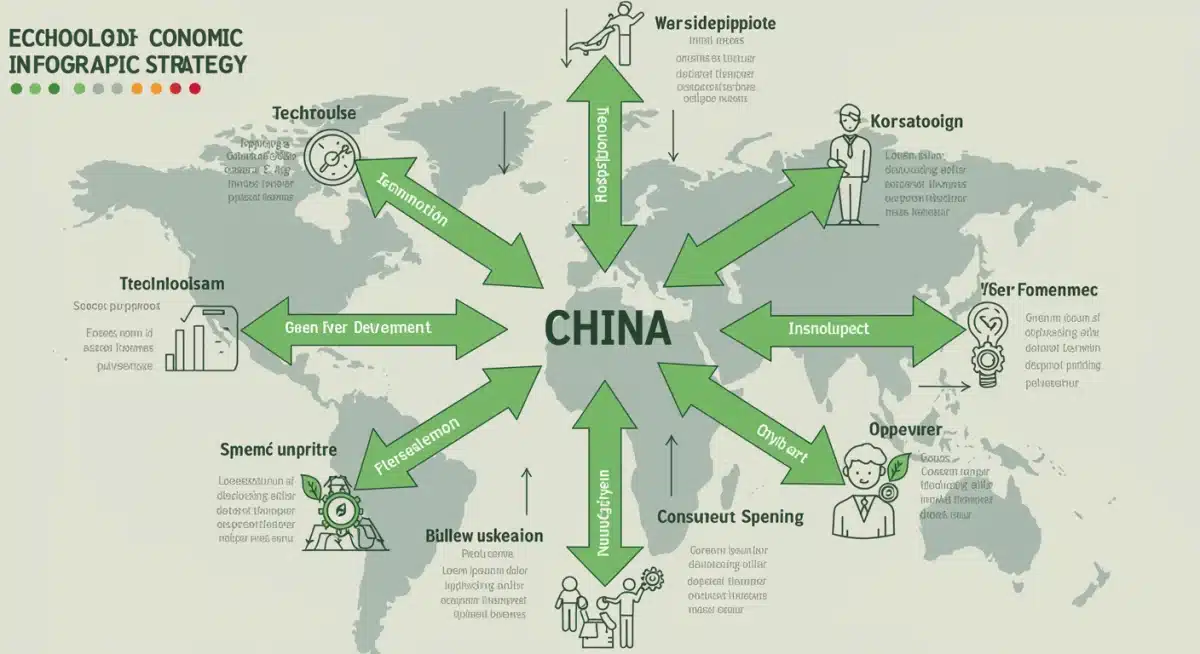 展示中国经济战略支柱的详细信息图,包括技术创新、绿色发展和消费支出,箭头指向可持续增长的中心目标。