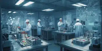 中国科学家在先进实验室中研究新型高能量密度电池，背景是复杂的分子结构和能源分析数据。