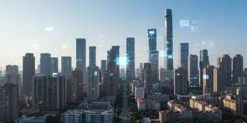 中国现代化城市景观，象征营商环境优化与行政审批流程简化
