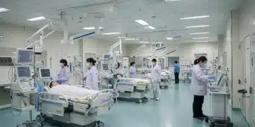 2025年中国现代化医院内部，医生和护士正在为病人提供服务