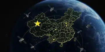 中国卫星互联网2025年:覆盖目标与投资机遇 中国卫星互联网覆盖全球的数字渲染图,展示数据流与连接。
