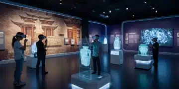 2025年中国VR博物馆中，人们佩戴VR头显与虚拟文物和数字艺术互动