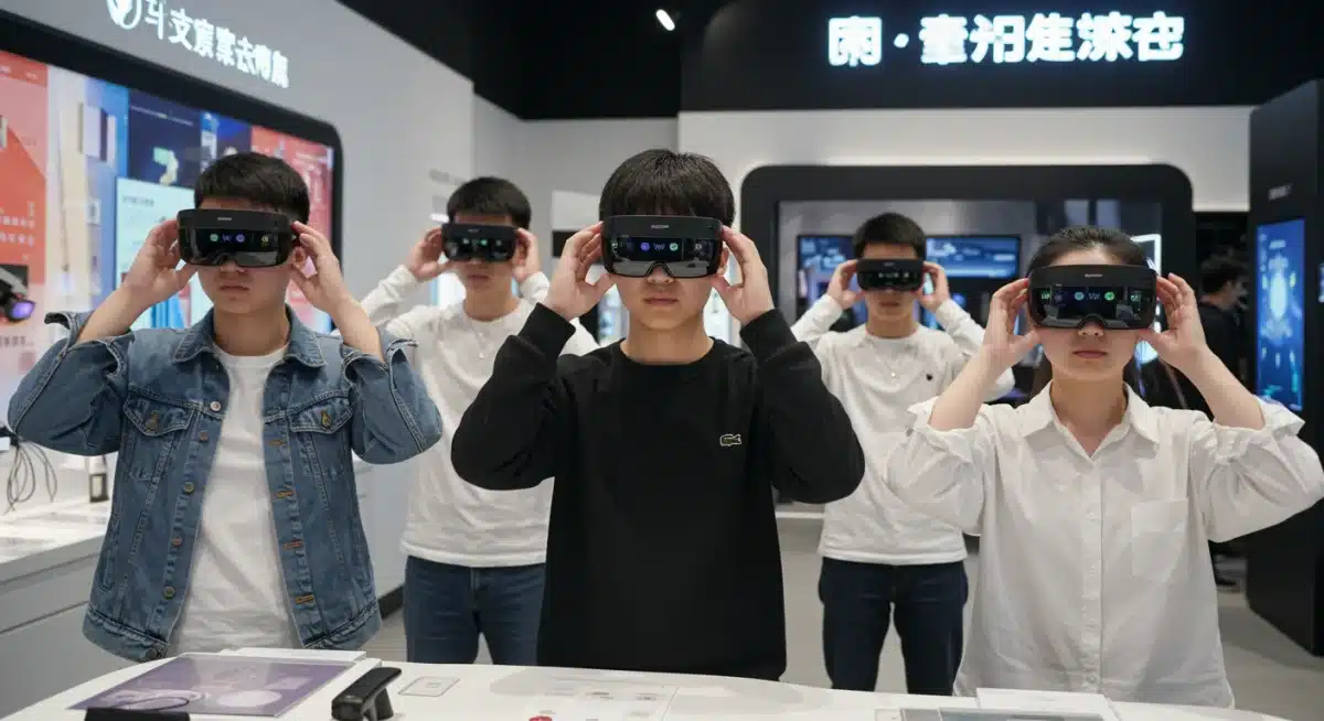 一群中国年轻消费者在现代零售店中试戴时尚的增强现实眼镜，体验虚拟产品信息和互动游戏。