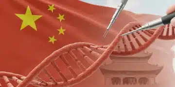 CRISPR基因编辑工具精准作用于DNA双螺旋结构，背景隐约可见中国元素，象征中国生物技术发展