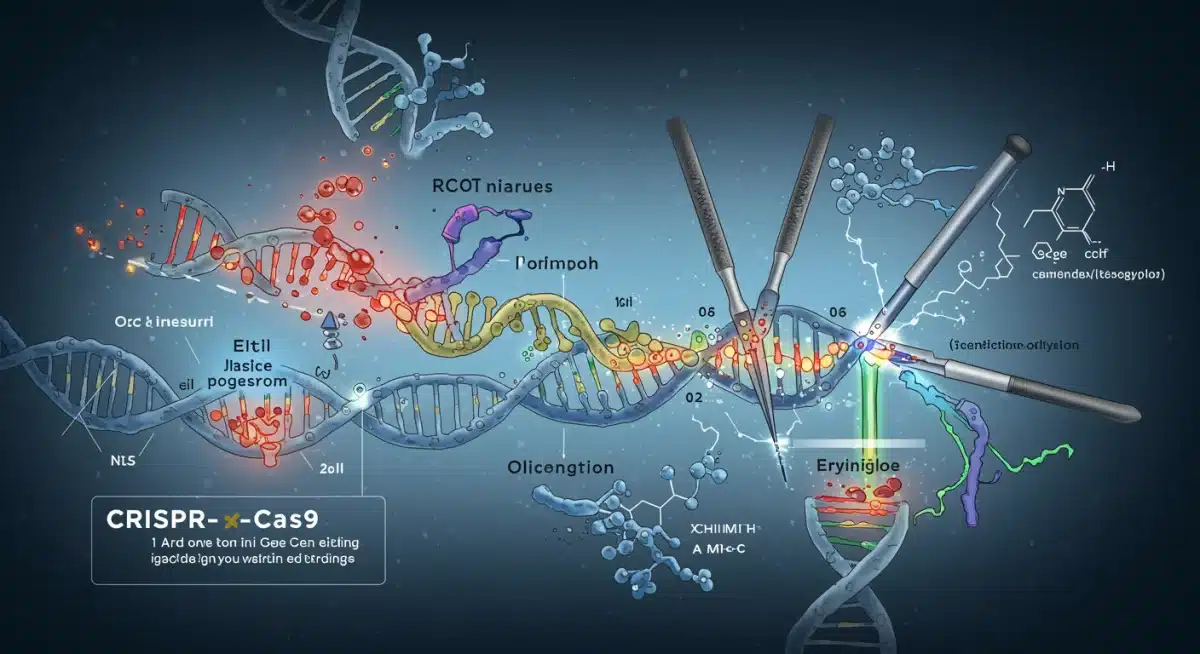 CRISPR-Cas9基因编辑技术示意图，展示DNA精确剪切与修饰过程。