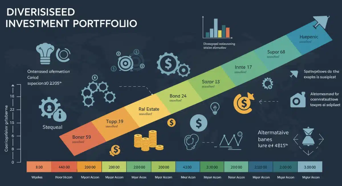 一张信息图表，展示了分散化投资组合中股票、债券、房地产和另类资产的比例。