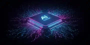 蓝色和紫色光芒的未来感AI芯片，周围环绕着数据流和代码。