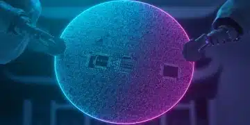 描绘复杂AI芯片设计的未来感半导体晶圆，在蓝色和紫色光线下闪耀，由机械臂在洁净室中握持。