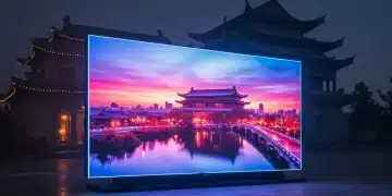 未来感十足的MicroLED显示屏，展示鲜艳色彩和高对比度图像，背景融入中国建筑元素。