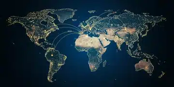 地缘政治紧张局势下中国出口商2025年市场布局优化策略 描绘全球贸易路线与地缘政治复杂性的未来感数字地图,中国居于中心