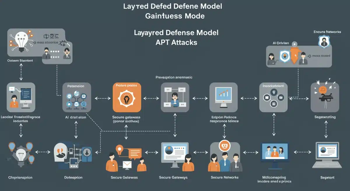 分层网络安全防御体系示意图，展示了从预防到响应的各个环节如何协同工作以抵御APT攻击并降低数据泄露风险。