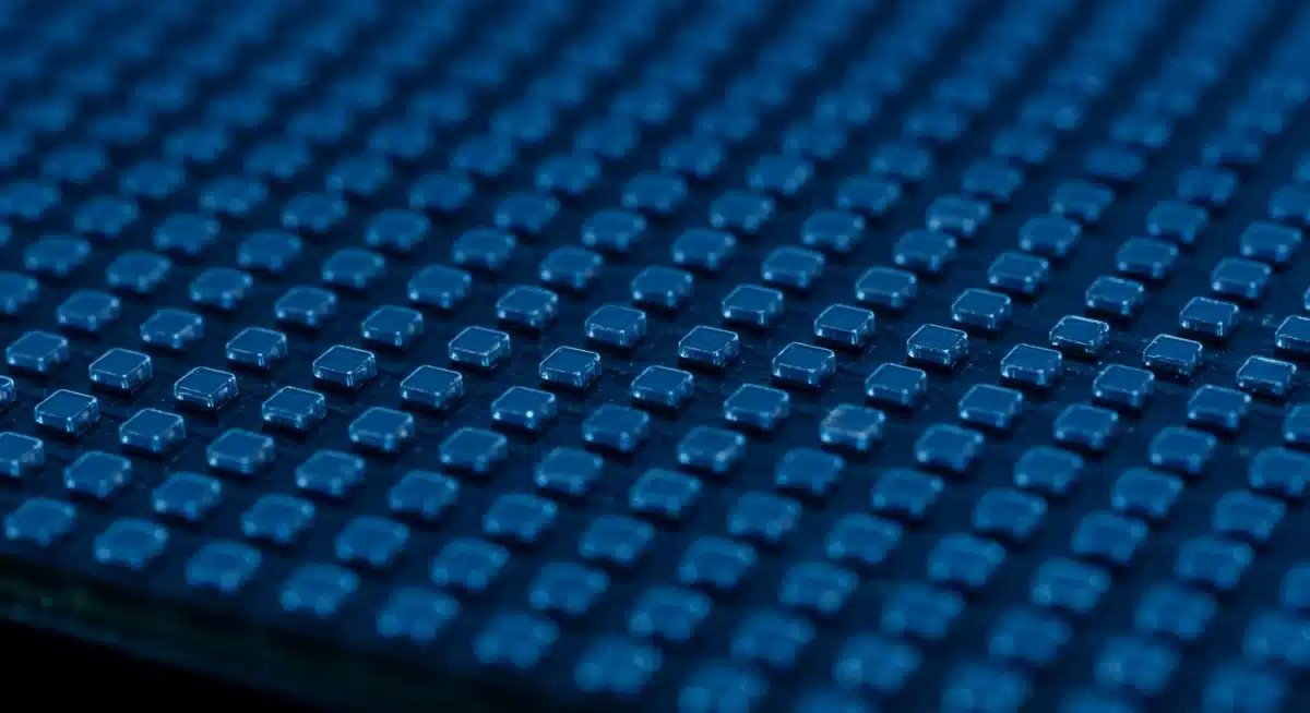 MicroLED芯片阵列的特写镜头,展示微型LED元件的精密排列。