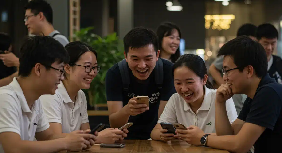 年轻人通过社交媒体交流,反映网络热词的社会传播