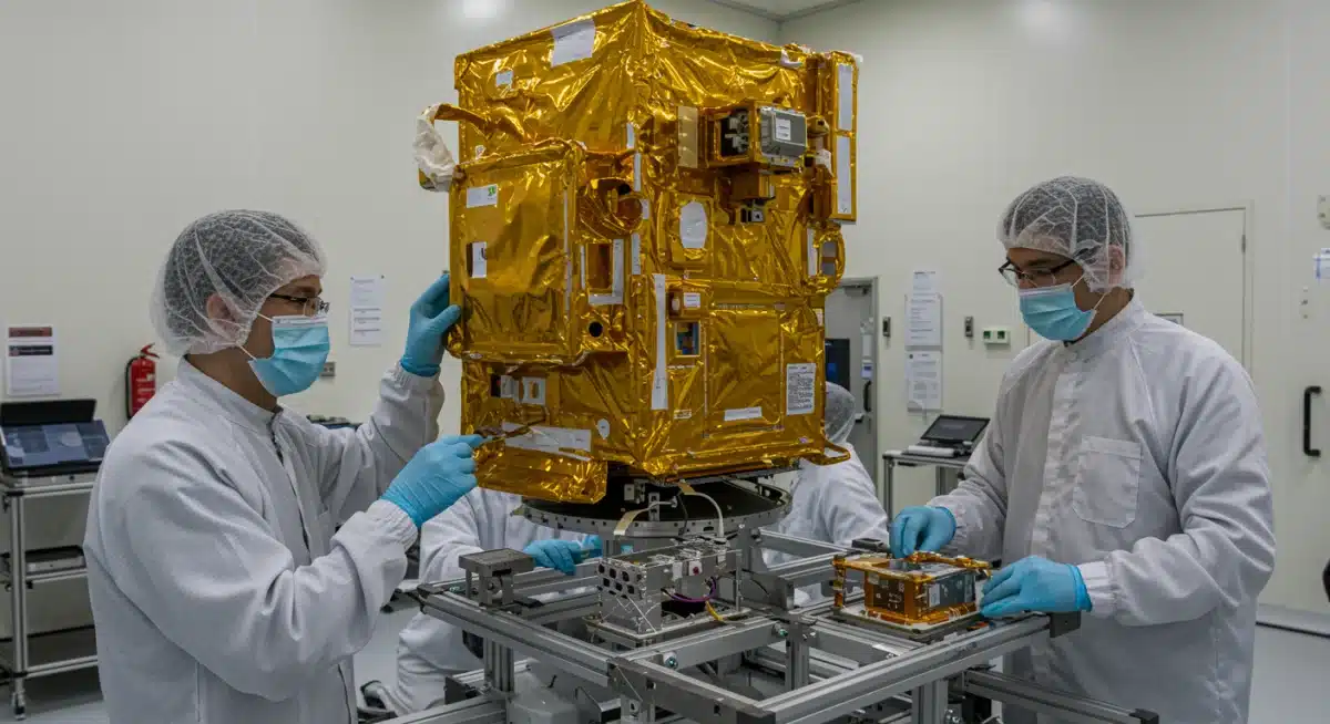 工程师在洁净室内精确组装通信卫星，展示高科技制造。