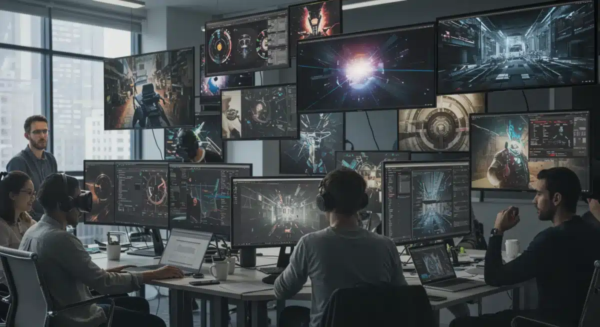 一群人在现代工作室中协作创作数字内容，屏幕上展示数字艺术与VR环境。