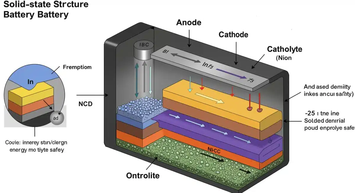 固态电池内部结构示意图，展示了高能量密度和安全性的关键材料与层级。