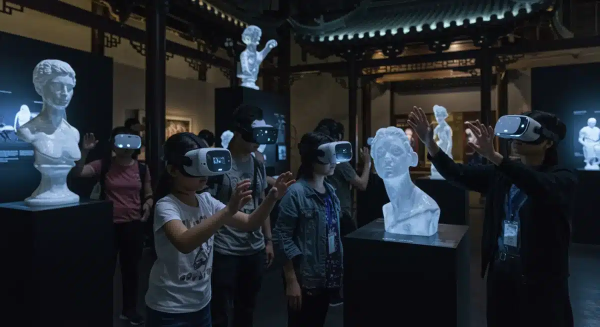 观众在中国数字艺术展览中通过VR技术沉浸式体验虚拟雕塑