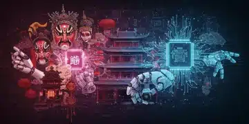 传统文化与现代AI技术交织的未来感数字艺术，象征AI赋能文化内容创作与传播。