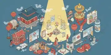 2024年中国文化产业政策解读:未来发展8大影响分析 描绘中国传统与现代文化元素融合的插画,象征政策引导下的文化产业蓬勃发展。