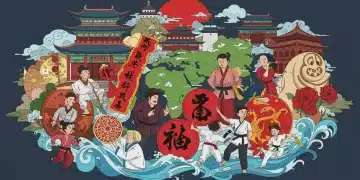 描绘中国文化元素与全球互动，象征2024年中国文化国际传播的成功。