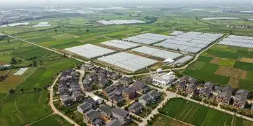 描绘了现代农业技术与传统乡村风貌融合的中国乡村振兴图景。