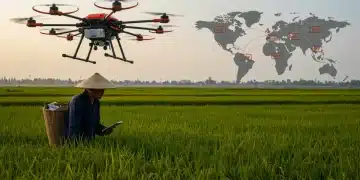 一位中国农民正在检查农田，上方有一架现代农业无人机，背景是带有关税符号的全球贸易地图，象征经济挑战。