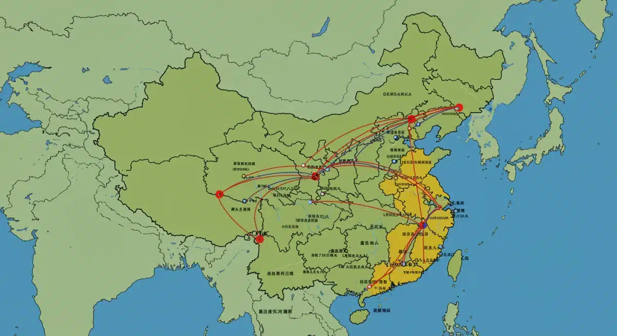 中国区域经济地图，显示不同发展集群及连接，象征区域一体化和协调发展。