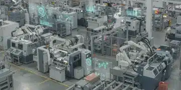 中国现代化工厂车间，机器自动化运行，屏幕上显示实时生产数据分析图表。