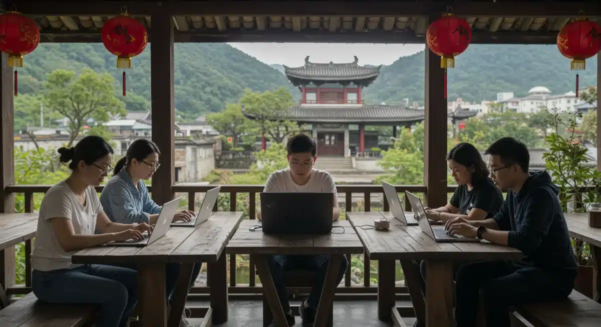 一群年轻的中国数字游民在风景优美的地方远程工作,体现灵活的工作模式。