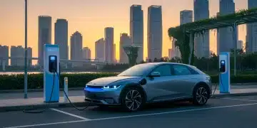 中国现代城市中一辆未来感十足的电动汽车在充电站充电