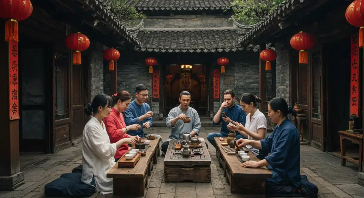 游客在中国传统茶艺体验中学习，沉浸于文化传承的魅力。