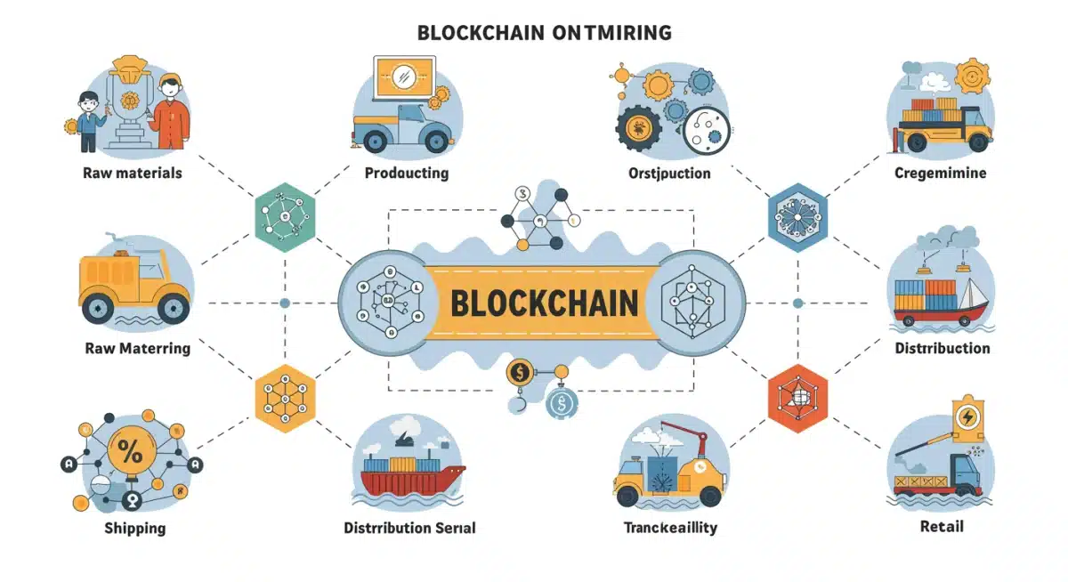 供应链各阶段的流程图，以区块链符号连接，突显数据完整性和可追溯性。