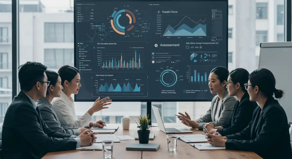 一群商业专业人士在讨论供应链数据和风险评估