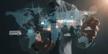 区块链技术提升供应链:降低交易成本20%的路径 描绘全球供应链中的区块链技术,展示数据流和节点互联,象征透明与高效。