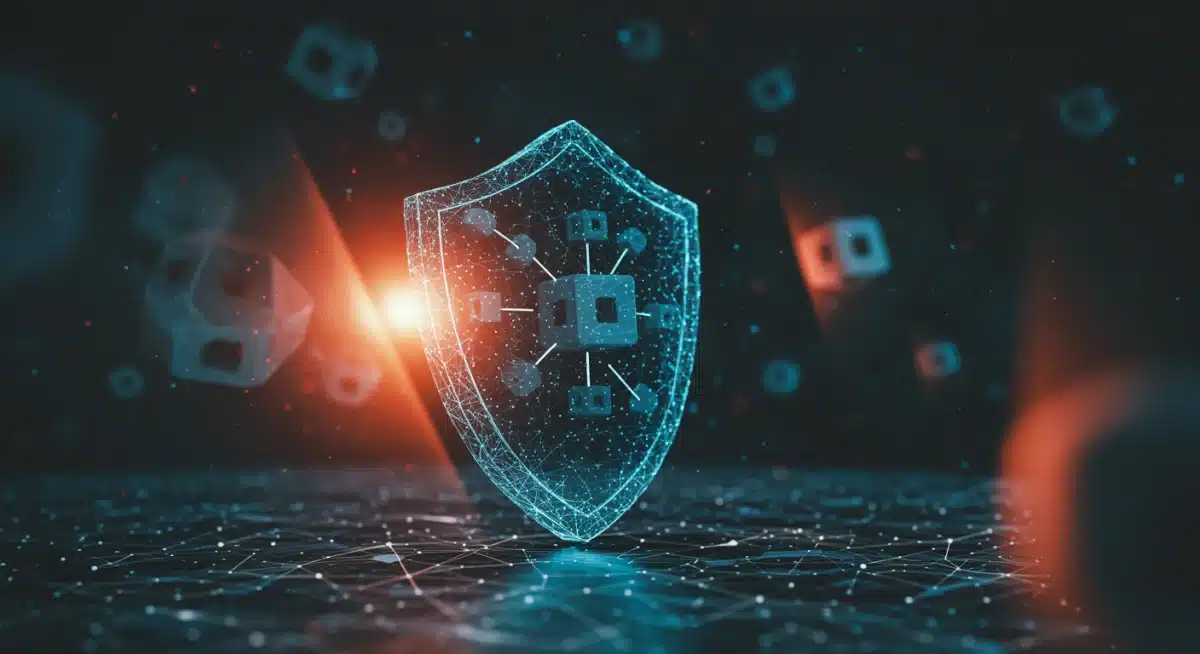 区块链技术在网络防御中保护数据完整性，形成坚固的数字盾牌。