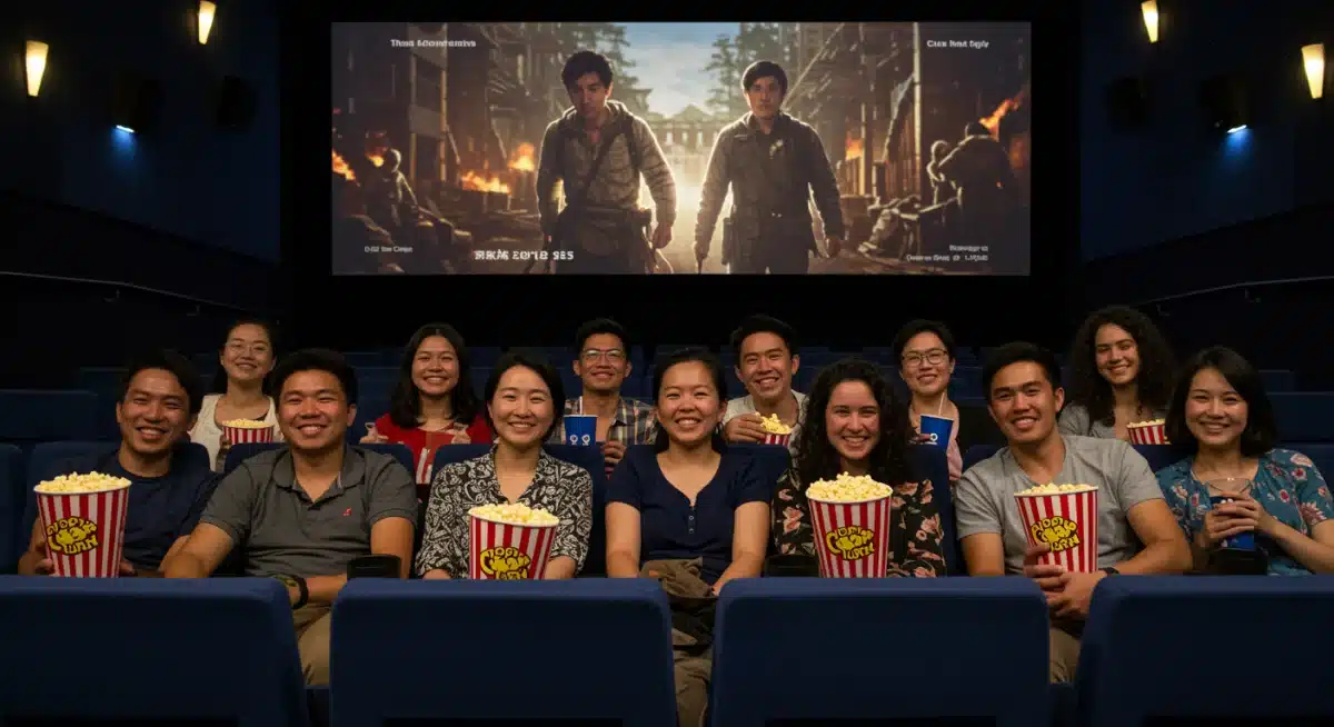 国际观众在电影院观看中国影片，面带笑容，享受观影体验。